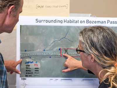 Two WTI researchers looking at a design plan for a wildlife crossing structure