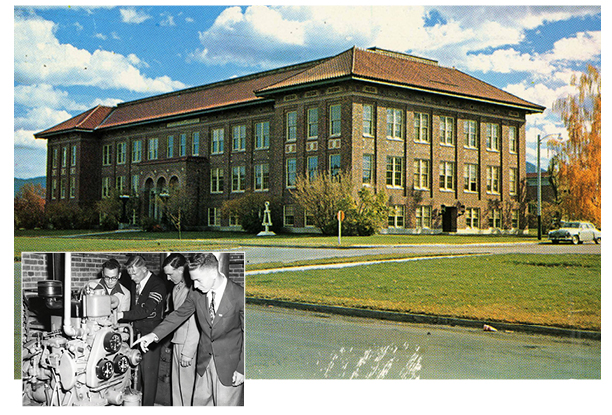 Many of Norm’s engineering classes took place in Robert’s Hall. This colored postcard shows Roberts Hall as it appeared in the 1950s. Norm moved from Winifred to a basement apartment on West Dickerson Street in Bozeman in the fall of 1953 to study mechanical engineering. Here, Montana State College students examine machinery on campus.